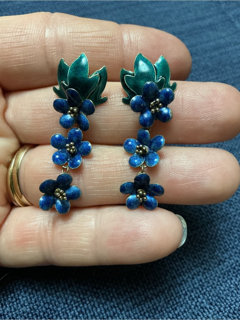 Vintage 925 Enameled Blue Flower Dangle Earrings (no backs)